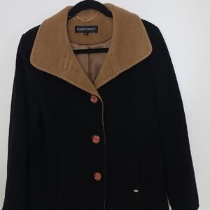 Ellen Tracy Black Wool Pea Coat with Camel Contrast Collar